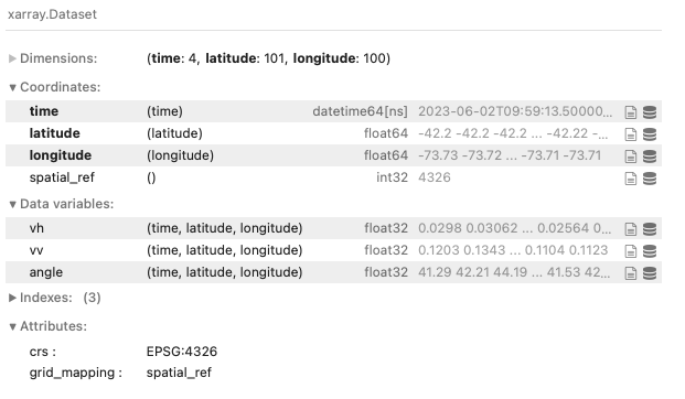Dataset de Datos de sentinel1_grd_gamma0 que mantiene 4 registros.